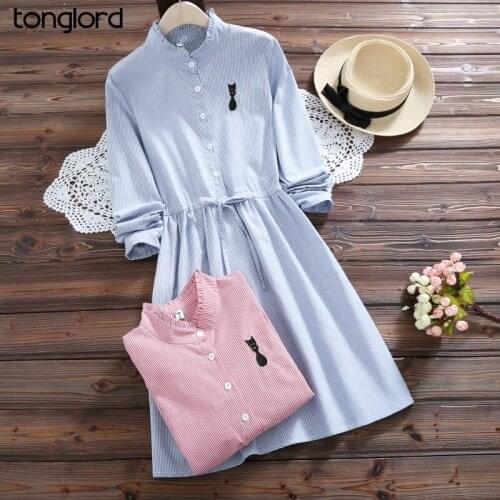 Women College style Midi Dresses Autumn Long Sleeve Ruffle Collar Embroidery Cat A-Line Dress Female Single-breasted Vestidos