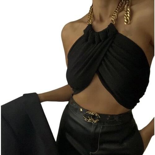 Women’s Sexy Chain Halter Camisole Summer Fashion Solid Color Round Neck Exposed Navel Tops