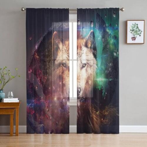 Wolf Animal Starry Sky Window Curtains Bedroom Modern Drape Sheer Tulle Valances Living Room Kitchen Voile Curtain