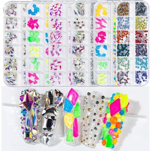 1Box 12 Grids Nail Colorful Rhinestones DIY Glitter 3D Nail Stickers Teardrop Rectangle Colorful Stones For 3D Nails Decoration
