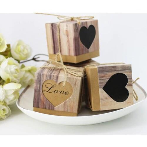 100pcs Hearts in Love Rustic Kraft Imitation Bark Candy Box Baby Shower Wedding Supplies Candy Bags Gift Boxes Wedding Party