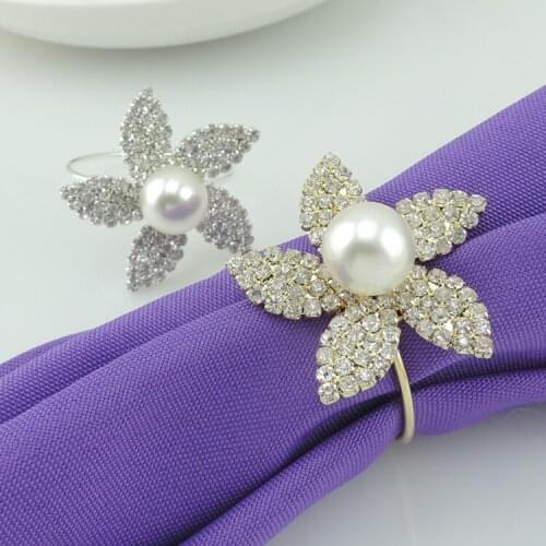 12pc Luxury Rhinestones Flowers Pearls Napkin Rings Hotel / Wedding Supplies Table Decoration Accessories Wholesale