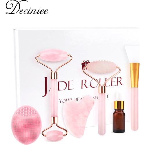 6PCS/Set Rose Jade Roller Gua Sha Set Face Brush Natural Quartz Scraper Jade Stone Massage Facial Massager Tool for Body Neck