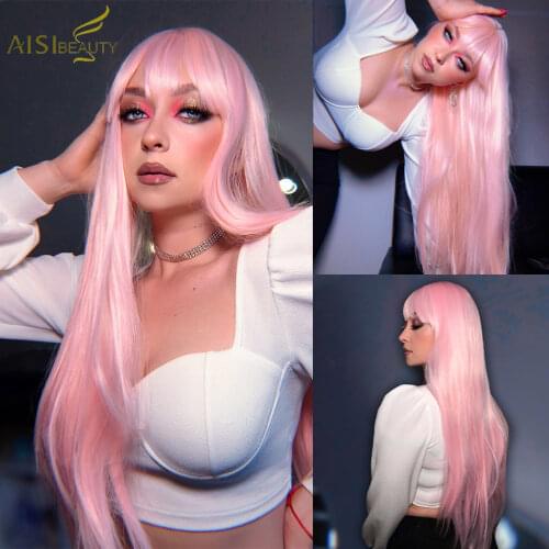 AISI BEAUTY Synthetic Wigs Long Straight Pink Hair with Bangs Black White Heat Resistance Wigs for Women Daily Cosplay(28inches)