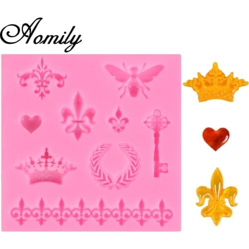 Aomily 3D Bee Crown Key Heart Lace Cake Silicone Molds Fondant Prince Cake Decorating Mold Chocolate Candy Mold Resin Clay Mould