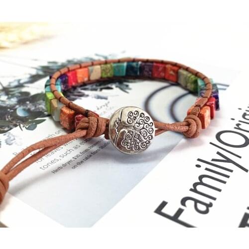 Chakra Bracelet Jewelry Handmade Multi Color Natural Stone Tube Beads Leather Wrap Bracelet Couples Bracelets Gifts