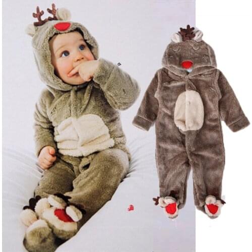 Kids Infant Christmas Cos Cartoon Elk Costume Baby Hoodie Plush coat Hooded coral fleece jacket Boy Girl Winter Jumpsuit Romper