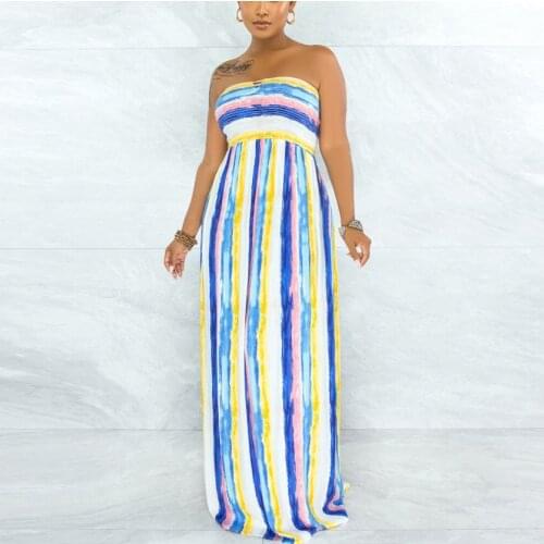 Sexy Strapless Long Dress Striped Printed Backless High Waisted Floor Length Fashion Evening Night Club Vestidos Mujer Dress New