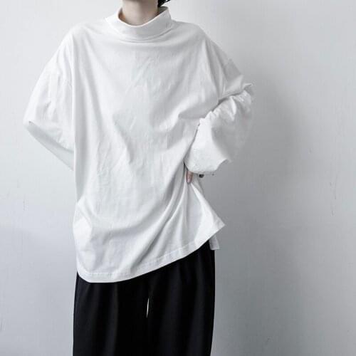 Autumn Korean mens high neck long sleeve T-shirt youth loose lazy top trendy mens solid color inner bottom shirt