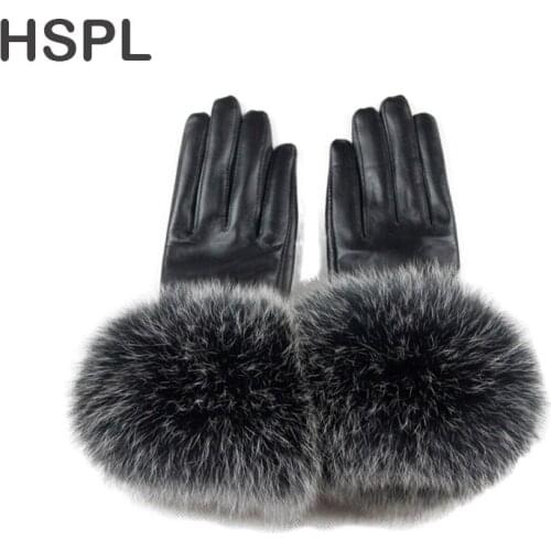 HSPL 2017 Luxury Large Fox Fur Womens Genuine Leather Gloves suede gloves thermal