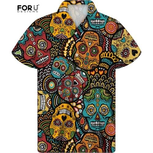 FORUDESIGNS Classic Sugar Skull Pattern Summer Men Short Sleeve Shirt Loose Baggy Buttons Blouse Mens Hawaii Beach Oversize Top