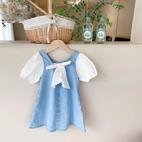 Summer New Girls Patchwork Short Sleeve Thin Dresses 2021 Korean style Children Bow Casual Puff Sleeve Princess Dress
