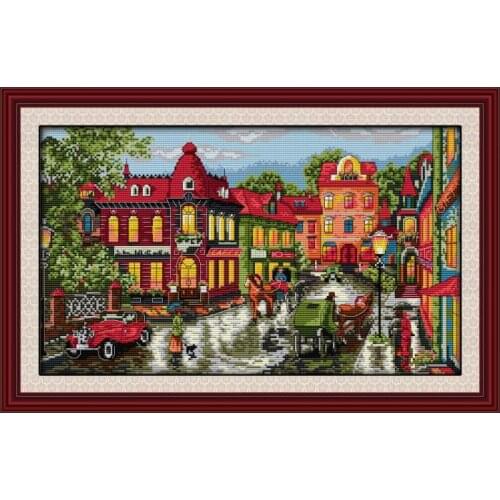 Stamped A Corner of The City Embroidery Needlework Cross Stitch Kit Pattern 11CT 14CT Print Counted Thread Fabric Home Decor Set