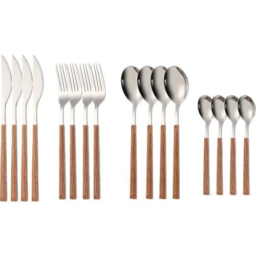 16pcs Stainless Steel Imitation Wooden Handle Cutlery Set Dinnerware Clamp Western Tableware Knife Fork Tea Spoon Silverware