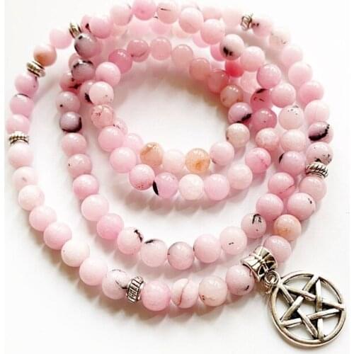 Natural Rose Pink Opal Stone Prayer Beads Mala 108 Beads Bracelet Pink Crystal Lotus Om Pendant Beads 6mm Craft 1pc