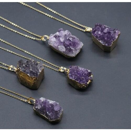 Irregular Natural Stone Pendant Necklace Rock Quartz Cluster Amethysts Pendulum Purple Crystal Necklace for Women Healing Reiki