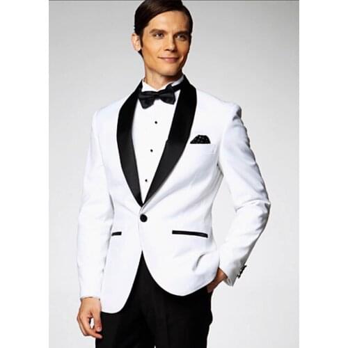 New men white suits slim fit One Button Black Satin Lapel suit pants jacket Groom Tuxedos Men dress for Wedding/smoking tuxedos