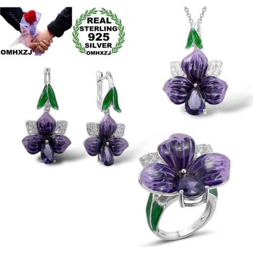 OMHXZJ Wholesale JE29 Fashion Woman Party Birthday Wedding Gift Flower 925 Sterling Silver Necklace+Earrings+Ring Jewelry Set