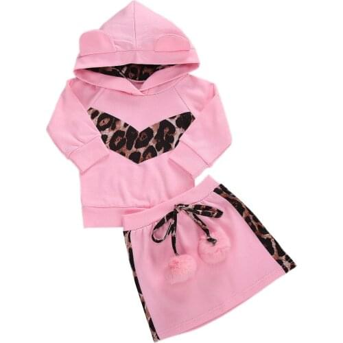 OPPERIAYA 2Pc Autumn Clothes Long-Sleeve Hoodie with Cute Ears Leopard Printed Short Skirts Suit for Toddler Baby Girls 6M to 5Y