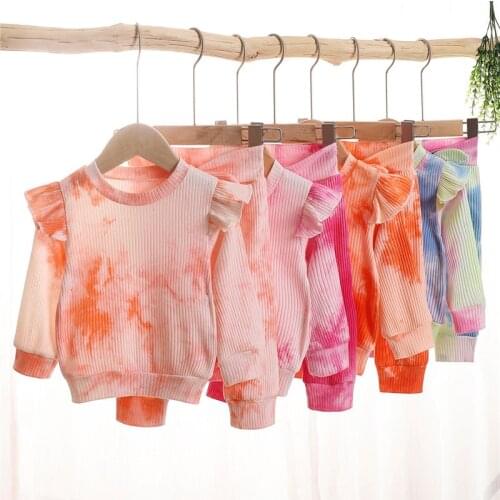 1-4Y Toddler Kids Baby Girls Autumn Outfits Infant Girls Ribbed Knitted Tie Dye Print Sweatshirts+Bowknot Long Pants Tracksuits
