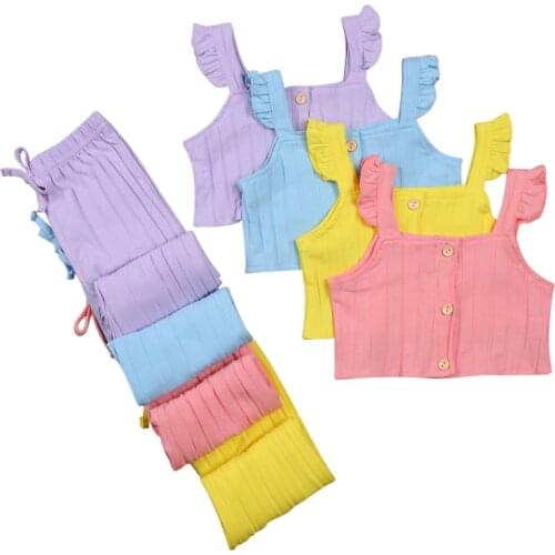 1-5Y Summer Fashion Kids Girls Clothes Sets 2pcs Solid Sleeveless Single Breasted Vest Long Pants 4 Colors