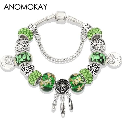 Anomokay Green Crystal Tree of Life Casual Bead Bracelet Silver Plated Dream Catcher Charm Bracelets & Bangles DIY Jewelry Gift