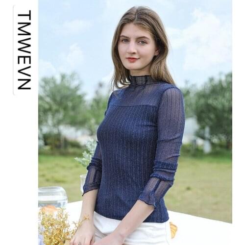 Fall/winter Womens New Style Mesh Half-high Neck Slim-fit Pullover Bottoming Shirt