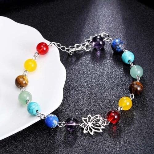 Charms Lotus Seven Chakra Crystal Gravel Bracelet Stone Beads Women Colorful Rainbow Stretch Yoga Strand Bracelet Jewelry Gifts