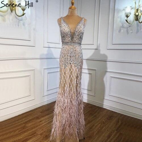 Serene Hill Pink Luxury Feathers Mermaid Nude High Split Elegant Evening Dresses 2020 Beading Sexy For Women Party DLA70791