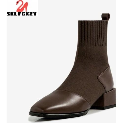 SKLFGXZY 2021 Fashion Cow Genuine Leather Women Ankle Stretch Boots Square Heel Short Boots Ladies Boots Black Booties