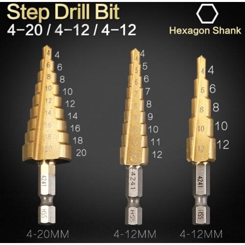 4-20mm Step Drill Bit Set Titanium Coated Pagoda Shape HSS Hexagonal Shank Hole Drill Cone Drill Bit Step Drill