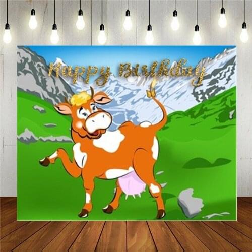 Vinyl Photography Backdrop Props Cartoon Animals A Cheerful Cow High Alpine Meadows Of Green For Kids Birthday Party Decoration