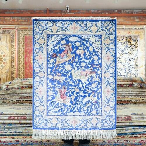Yilong 3'x4' Blue Hand knotted Silk Area Rug Hunting Animal Porch Oriental Rug (TJ175A)