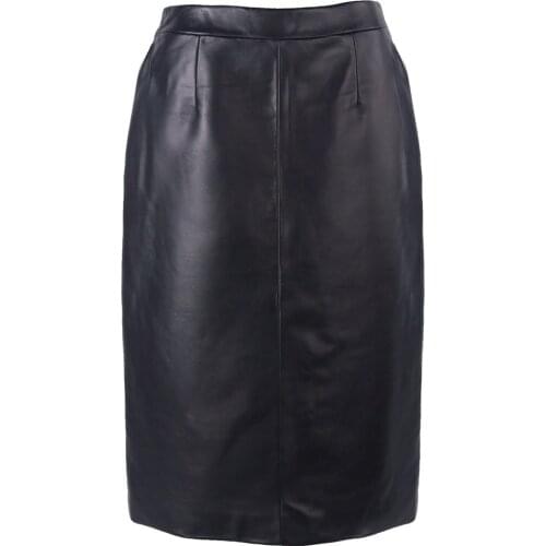 YOLOAgain Women Mid-Calf Length Elegant Black Skirt 2021 Genuine Leather Skirts Ladies