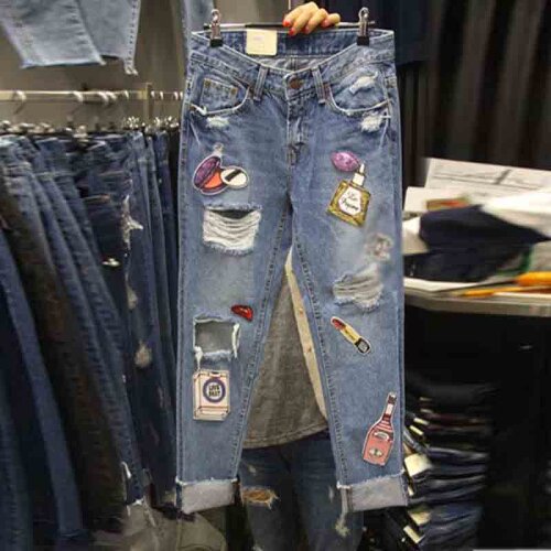 2019 Korean Spring Womens Blue Jeans Retro Hole Patched Harem Pants Long Trousers Girl Students Denim Trousers Pants