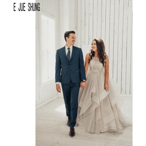 E JUE SHUNG Modest Grey Wedding Dresses Scoop Neck Backless Tiered Ruffles Tulle Bride Dresses Bridal Gowns vestidos de novia