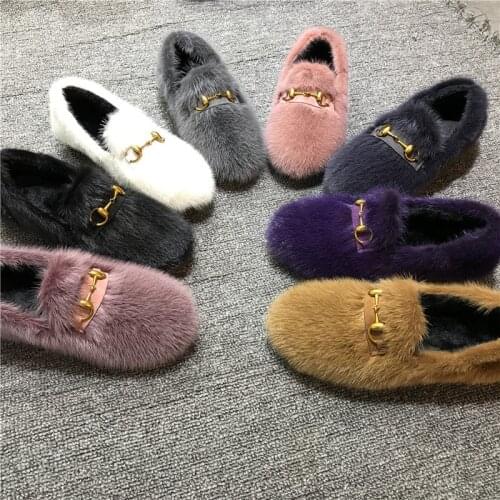 2021 European Fashion Winter Womens Fur Flat Shoes 100% Mink Fur Fluffy Fluffy Flat Shoes Cute Warm Fur Edamame Shoes