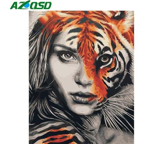 AZQSD Coloring By Number Tiger Girl Handpainted Modern Wall Art Oil Painting By Numbers Portrait Kits Handmade Unique Gifts