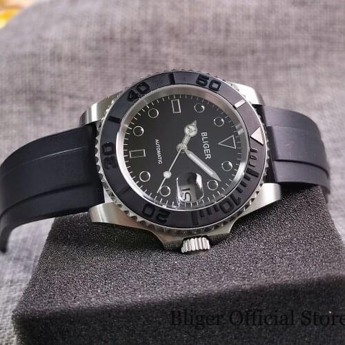 BLIGER Dress Sub Automatic Men Watch Sapphire Glass Date Rotating Bezel Screw Down Crown Rubber Strap 21 Jewels MIYOTA 8215