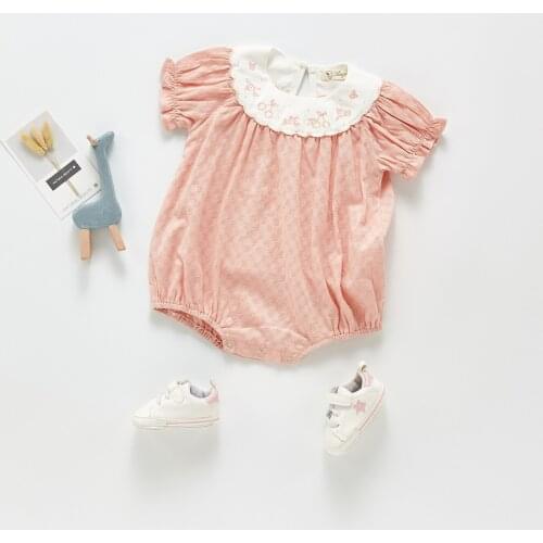 Summer Baby Young Child Sweet Package Fart Clothing Embroidery Round Collar Girl Clothes Conjoined With Short Sleeves Soft