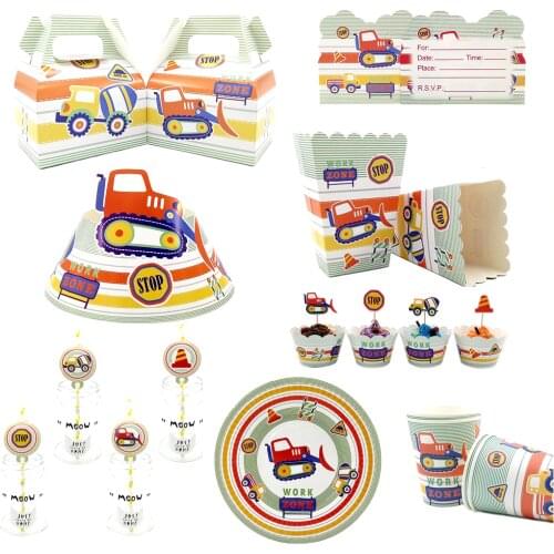 For Kids Birthday Construction Vehicles Party Supplies Disposable Tableware Plate Cup Straw Candy Box Hat Invitations ect