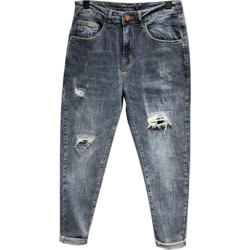 Summer new ripped patch casual denim jeans mens fashion self-cultivation personality beggar ankle length pencil jeans