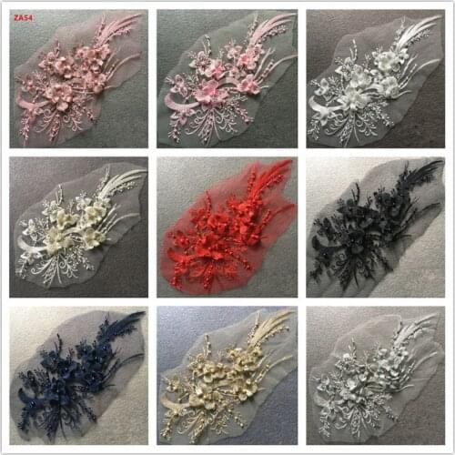 European new 30*16CM wine red light pink white hand-stitched beads flower lace accessories wedding performance clothing ZA54