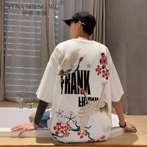 Men Japanese Style Streetwear T Shirt Summer Mens Harajuku Black T Shirts Male White Korean Loose Kimono Printing Top Plus Size