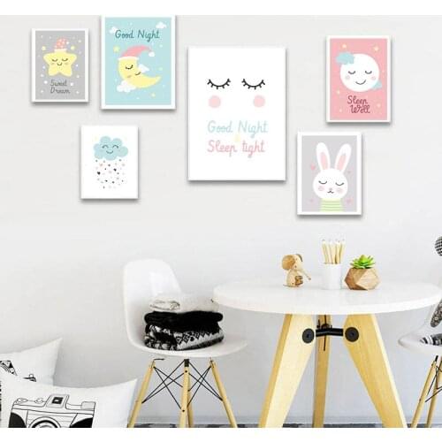 Bunny Star Rain Picture Cute Animal Moon Nursery Poster Child Wall Art Canvas Print Painting Nordic Kids Baby Bedroom Decoration