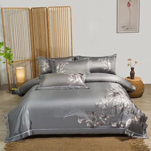 Chinoiserie Chic Bamboo Embroidery White Gray Bedding Set Satin Silk Cotton Duvet Cover Set Flat or Fitted Bed Sheet Pillowcases