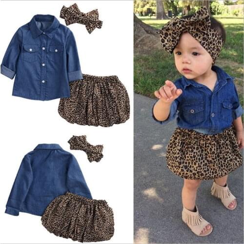 Leopard Print Baby Girl Clothes Set Imitation Jeans Long Sleeve Shirt + Mini Skirt Tutus + Headband Autumn 3 Piece Suit