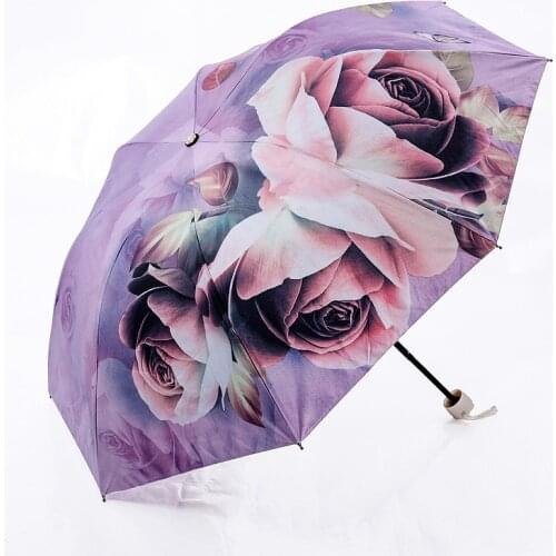Creative Rose printing Small Sun Rain Lady Umbrella Anti-UV Protection Windproof Folding Compact Outdoor Travel Umbrellas