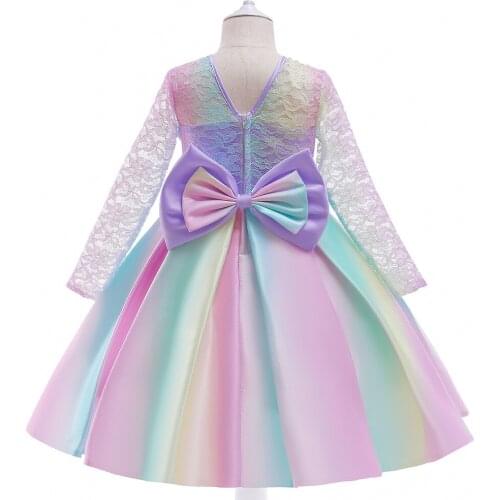 Lace Embroidery rainbow Long sleeve Wedding Gown Tutu Princess Dress Flower Girls Children Clothing Kids Party For Girl Clothes