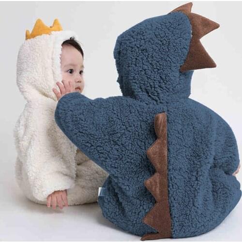 Fashion Newborn Infant Baby Boys Girls Solid Colors Flannel Long Sleeve Cute Dinosaur Warm Romper Hooded Jumpsuit Costume#g4